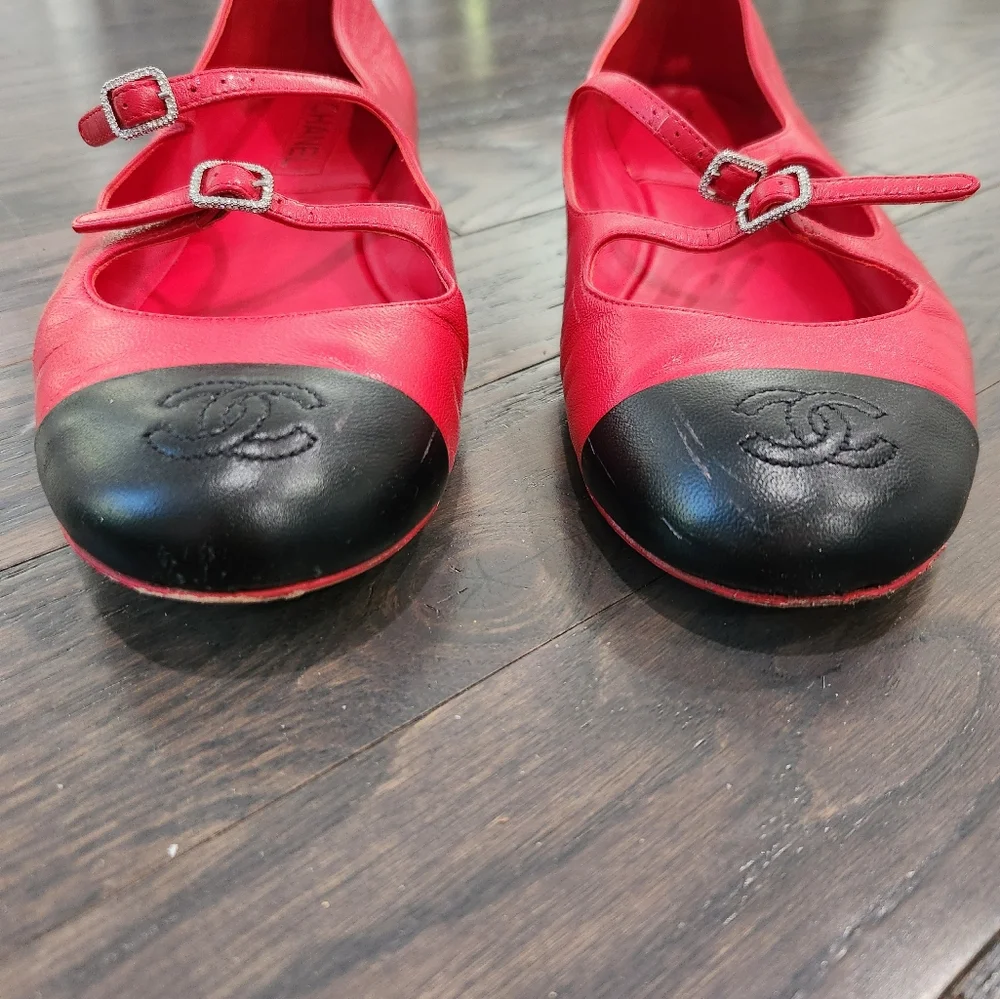 Chanel Sz40 Red & Black Ballet Flats - Picture 2 of 7